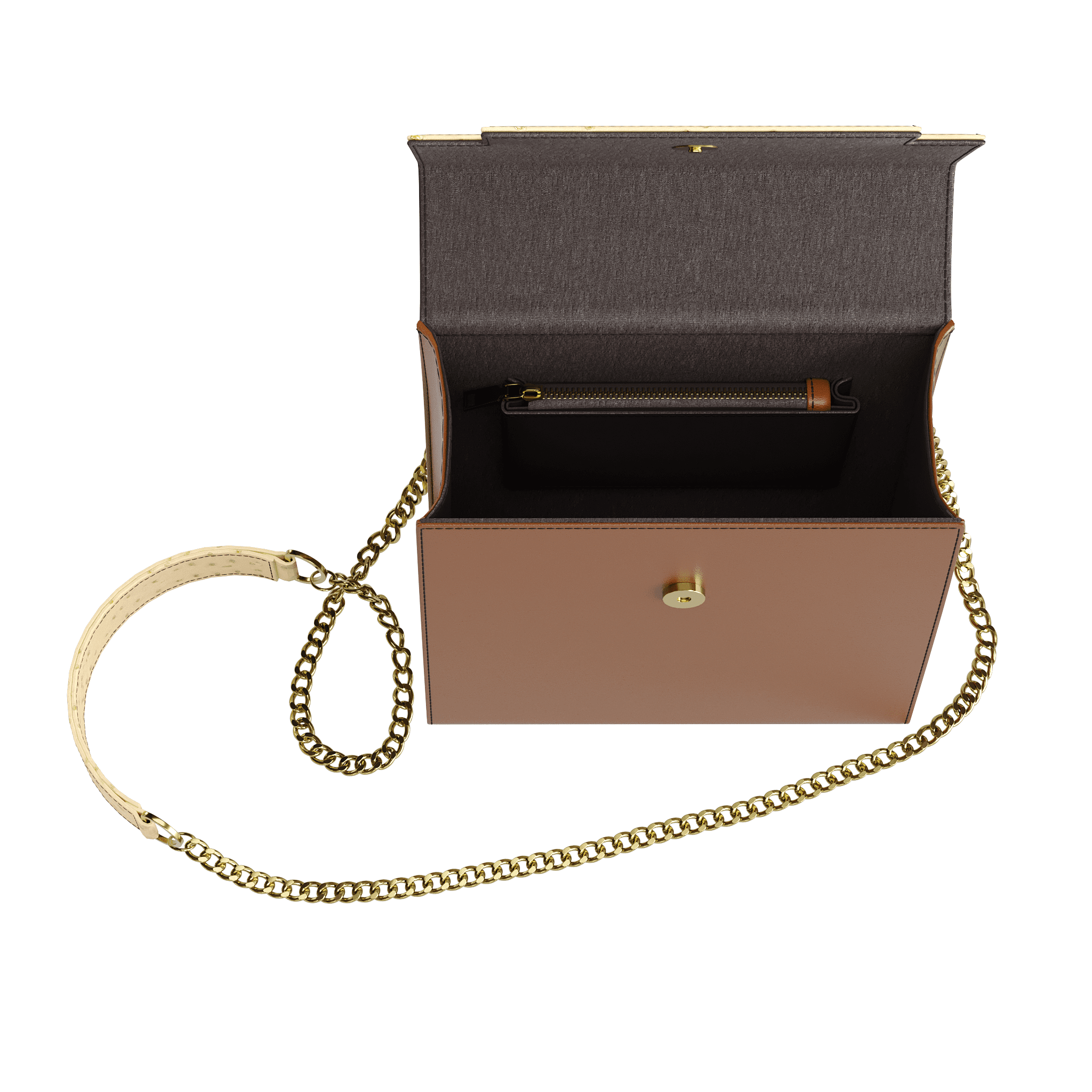 Wheat Ostrich & Rich Brown Vegetable Tanned Box Handbag - Zelli Handbags