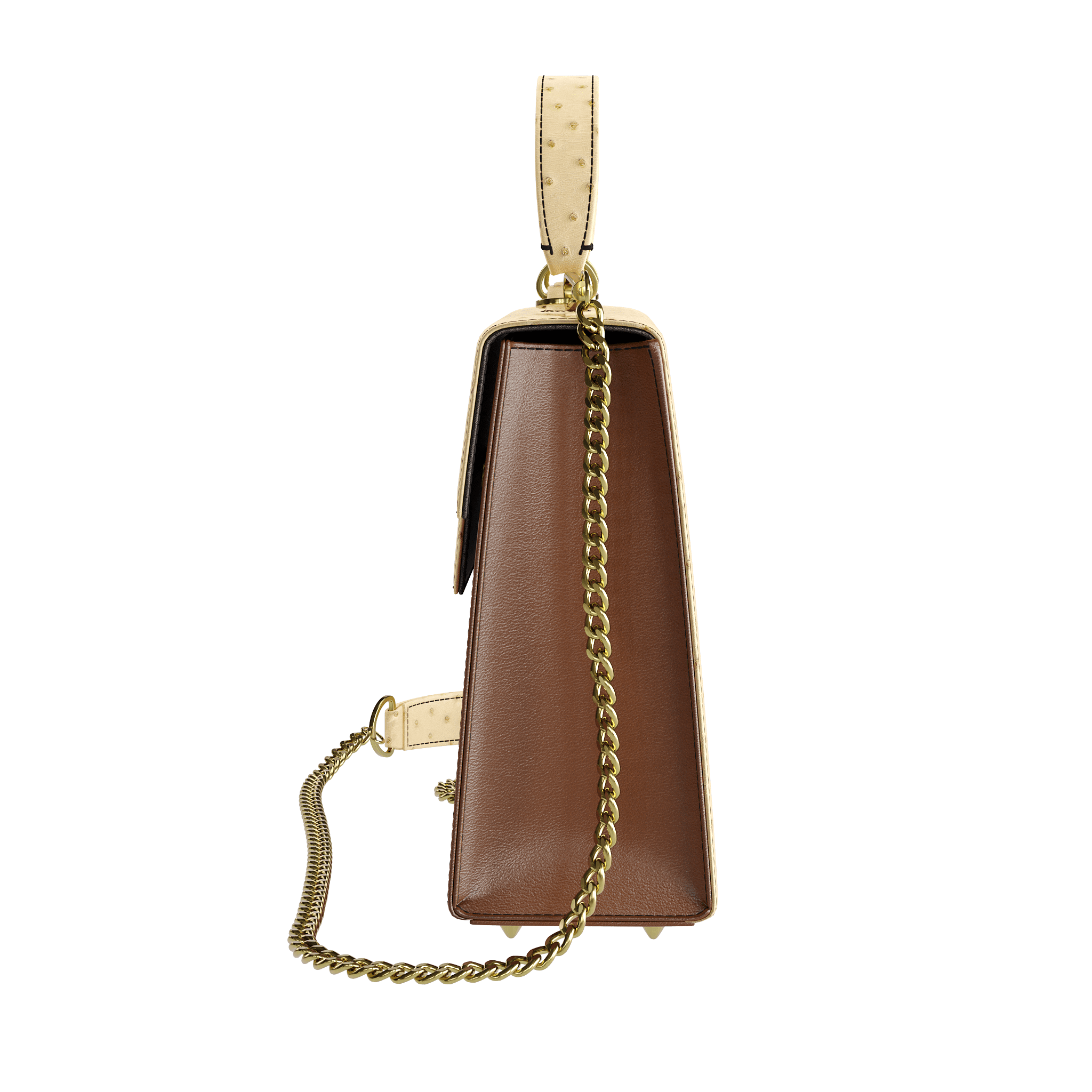 Wheat Ostrich & Rich Brown Vegetable Tanned Box Handbag - Zelli Handbags