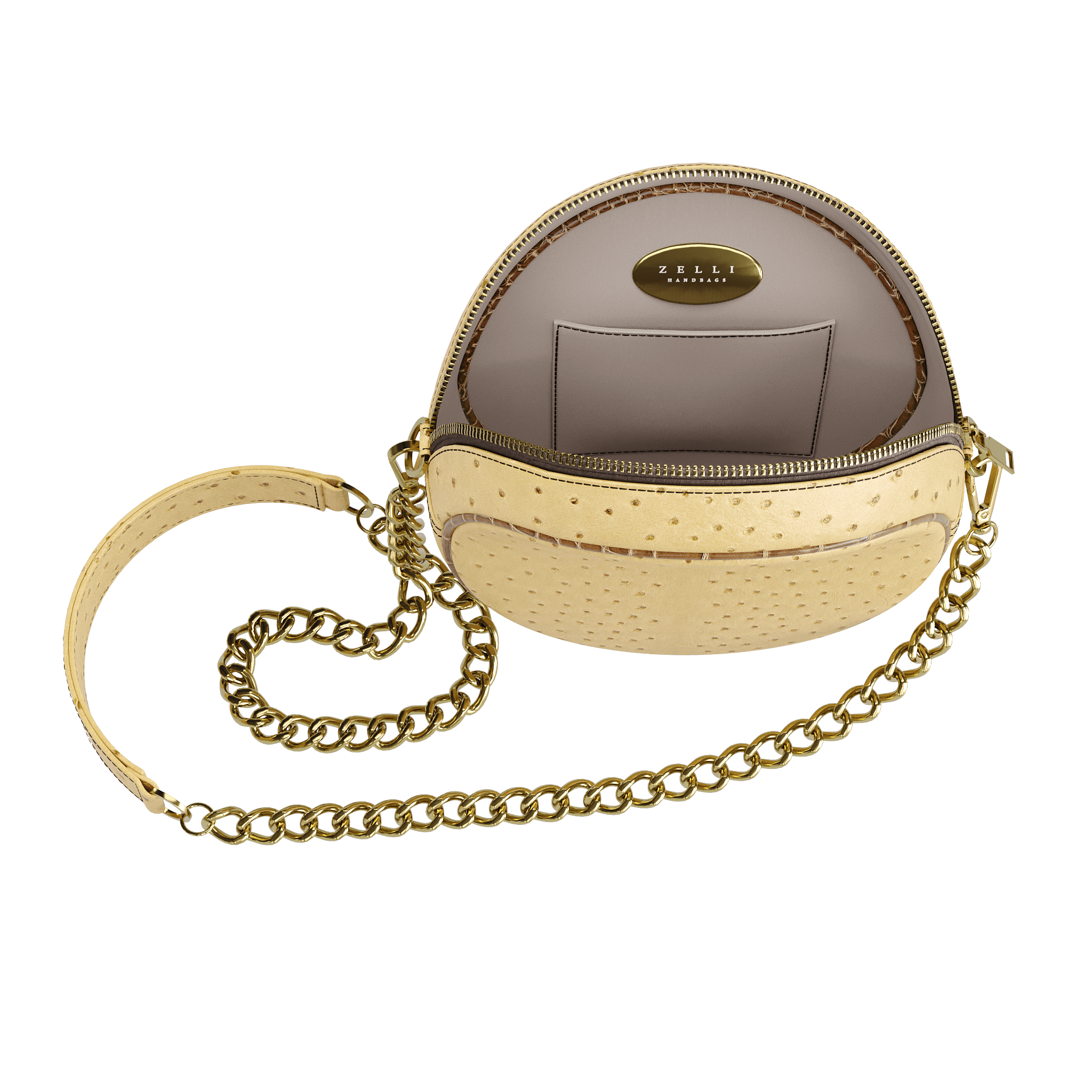 Natural Light Brown Ostrich Round Bag With Brown Alligator Piping - Zelli Handbags