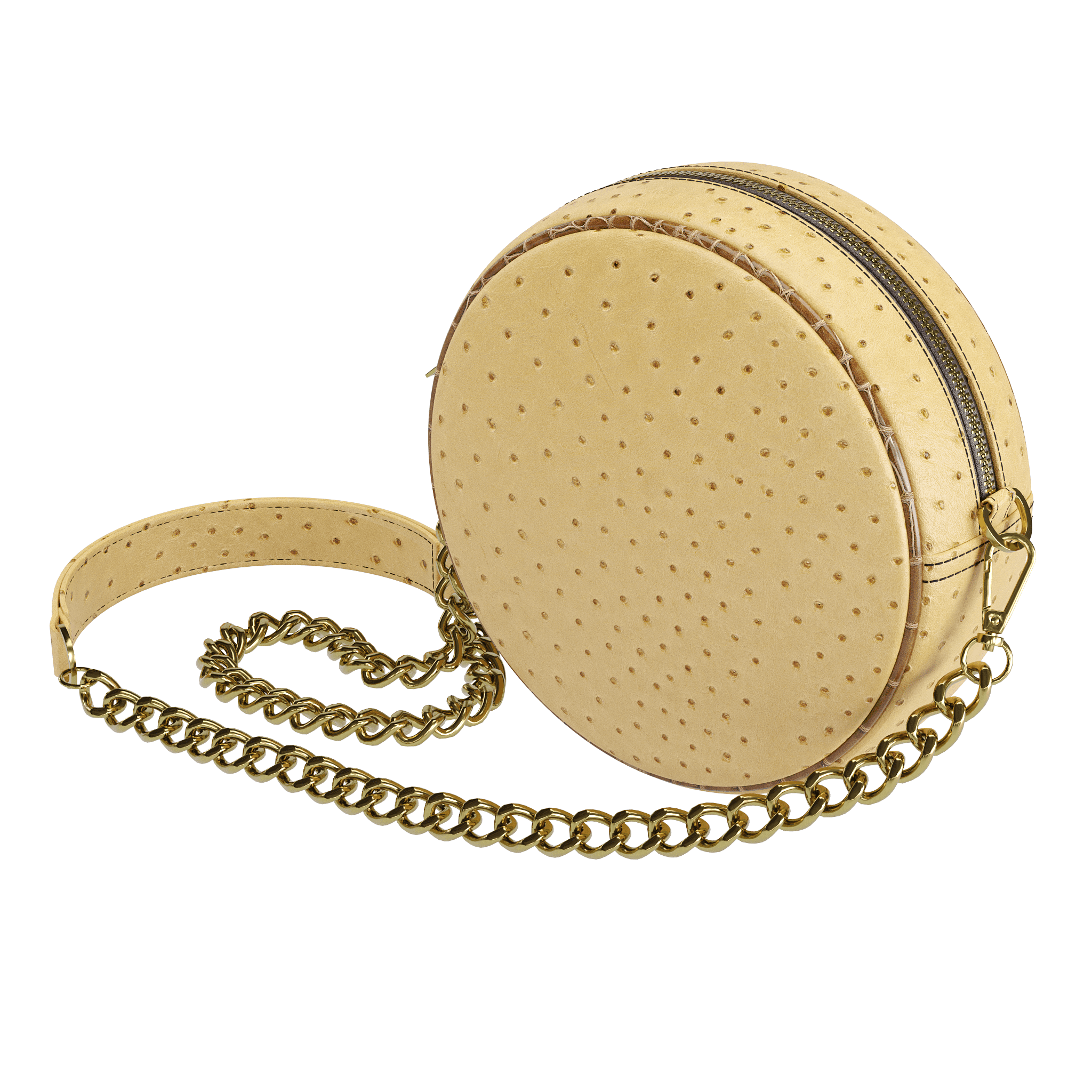 Natural Light Brown Ostrich Round Bag With Brown Alligator Piping - Zelli Handbags