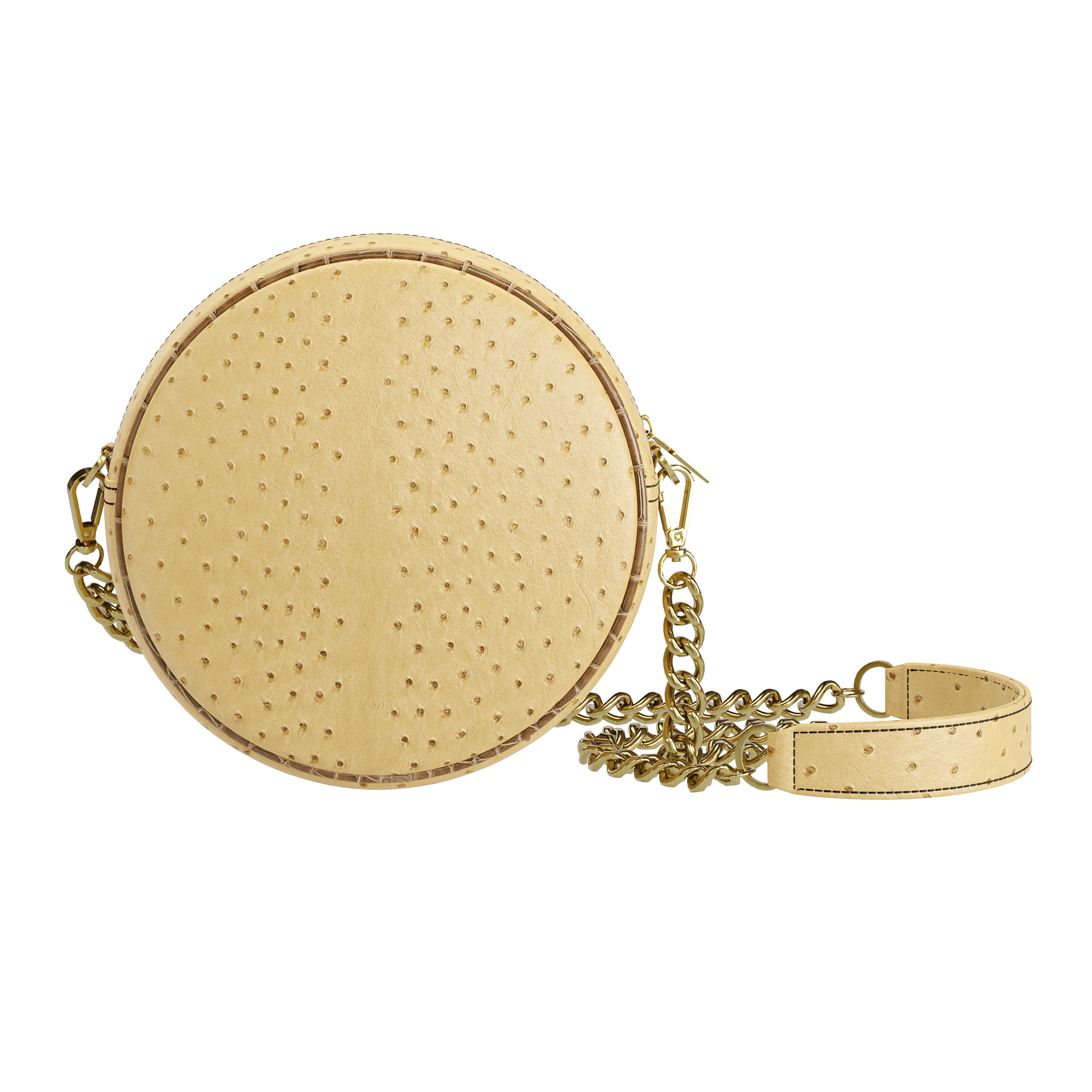 Natural Light Brown Ostrich Round Bag With Brown Alligator Piping - Zelli Handbags